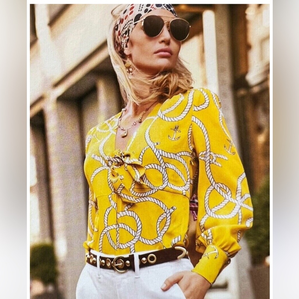 CAbi Yellow Nautical Rope Print Tie Neck Blouse Anchor Pattern Top